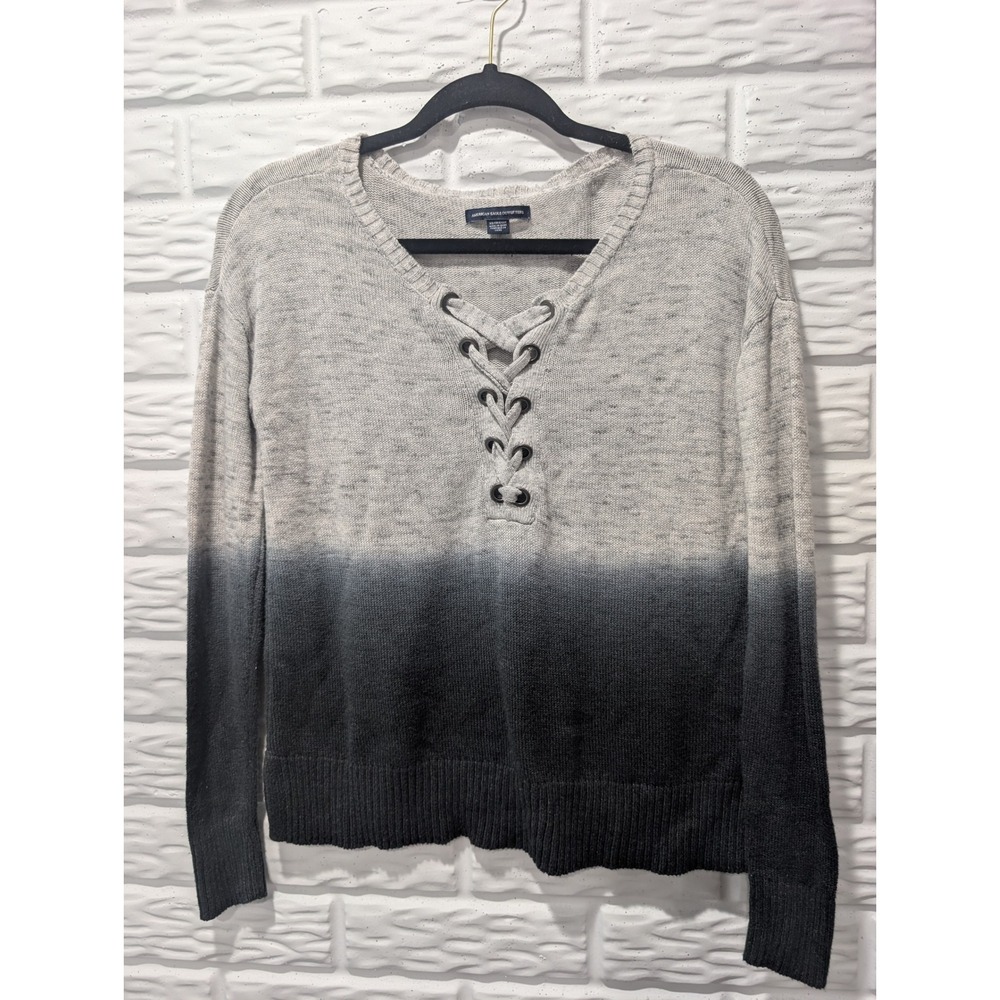 American Eagle Ombre Lace Up V-Neck Sweater Grey Charcoal XS